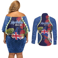 Southland Anniversary Day Couples Matching Off Shoulder Short Dress and Long Sleeve Button Shirt Murihiku 1861 Maori Bird Mix Pohutukawa LT14 - Polynesian Pride