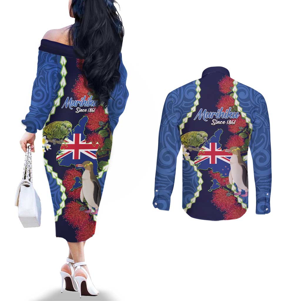 Southland Anniversary Day Couples Matching Off The Shoulder Long Sleeve Dress and Long Sleeve Button Shirt Murihiku 1861 Maori Bird Mix Pohutukawa LT14 - Polynesian Pride
