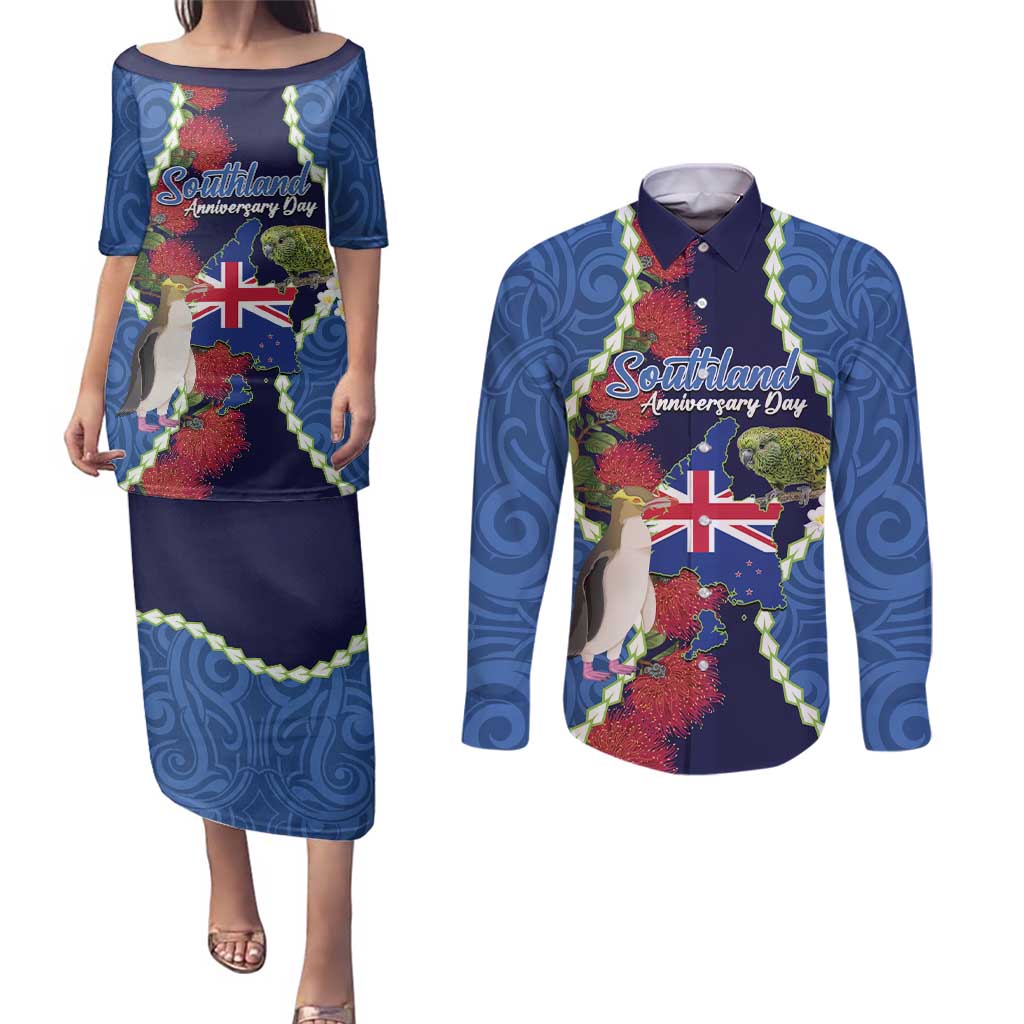 Southland Anniversary Day Couples Matching Puletasi and Long Sleeve Button Shirt Murihiku 1861 Maori Bird Mix Pohutukawa