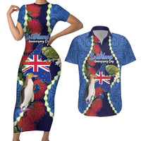 Southland Anniversary Day Couples Matching Short Sleeve Bodycon Dress and Hawaiian Shirt Murihiku 1861 Maori Bird Mix Pohutukawa LT14 Blue - Polynesian Pride