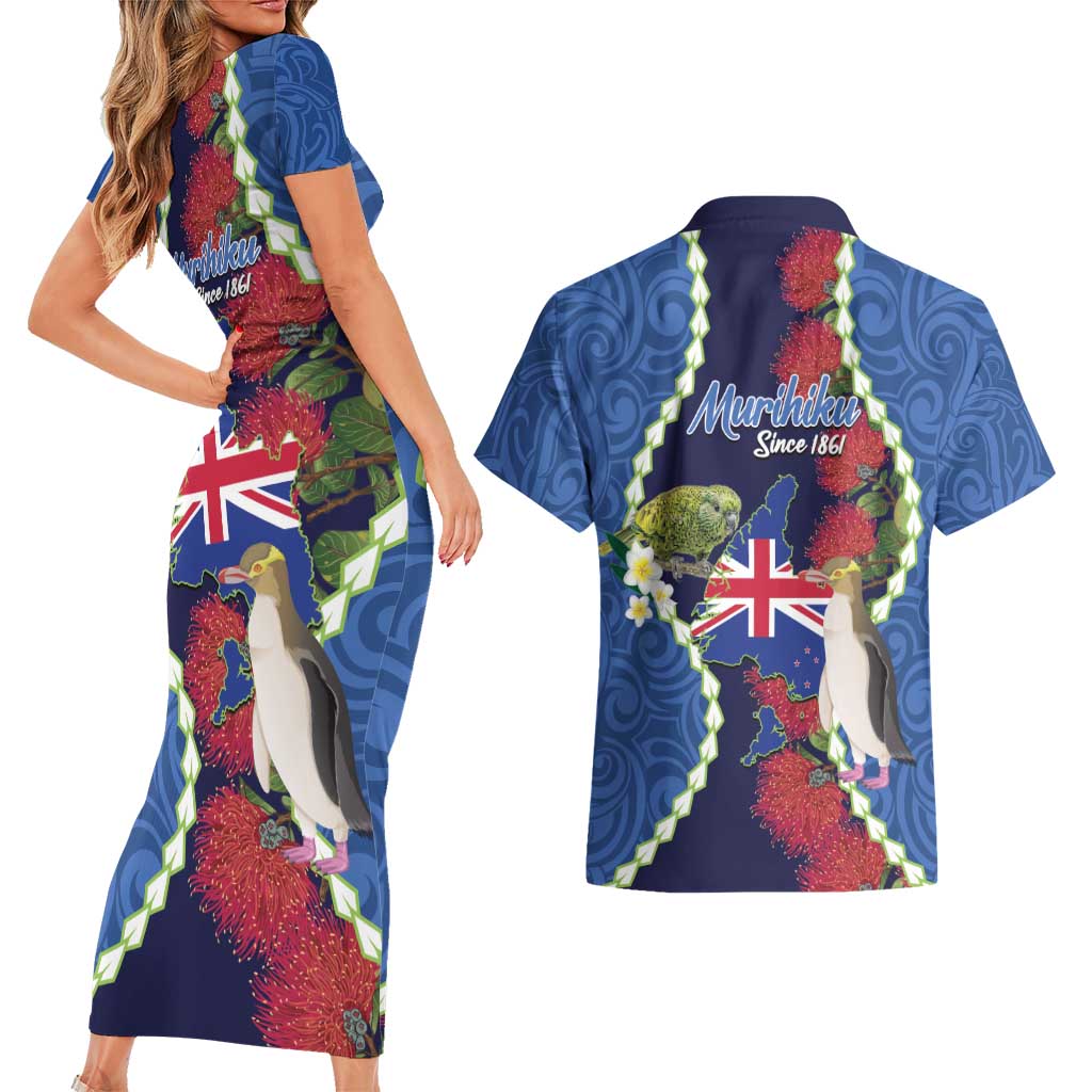Southland Anniversary Day Couples Matching Short Sleeve Bodycon Dress and Hawaiian Shirt Murihiku 1861 Maori Bird Mix Pohutukawa LT14 - Polynesian Pride