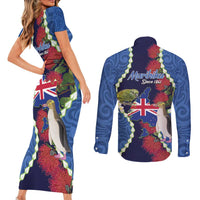 Southland Anniversary Day Couples Matching Short Sleeve Bodycon Dress and Long Sleeve Button Shirt Murihiku 1861 Maori Bird Mix Pohutukawa LT14 - Polynesian Pride