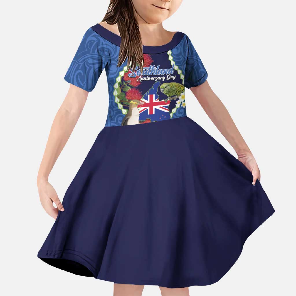 Southland Anniversary Day Family Matching Long Sleeve Bodycon Dress and Hawaiian Shirt Murihiku 1861 Maori Bird Mix Pohutukawa LT14 Daughter's Dress Blue - Polynesian Pride