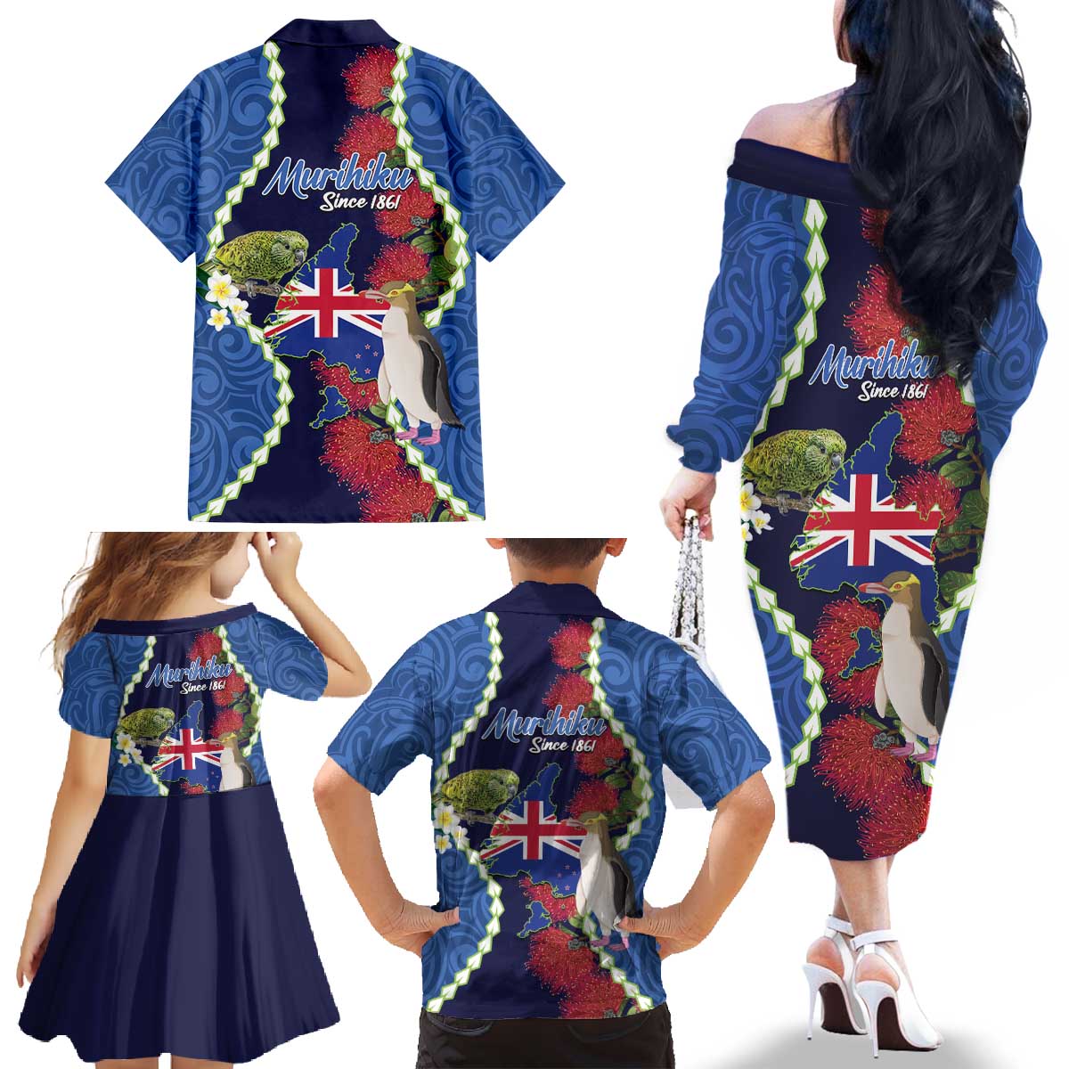 Southland Anniversary Day Family Matching Off The Shoulder Long Sleeve Dress and Hawaiian Shirt Murihiku 1861 Maori Bird Mix Pohutukawa LT14 - Polynesian Pride