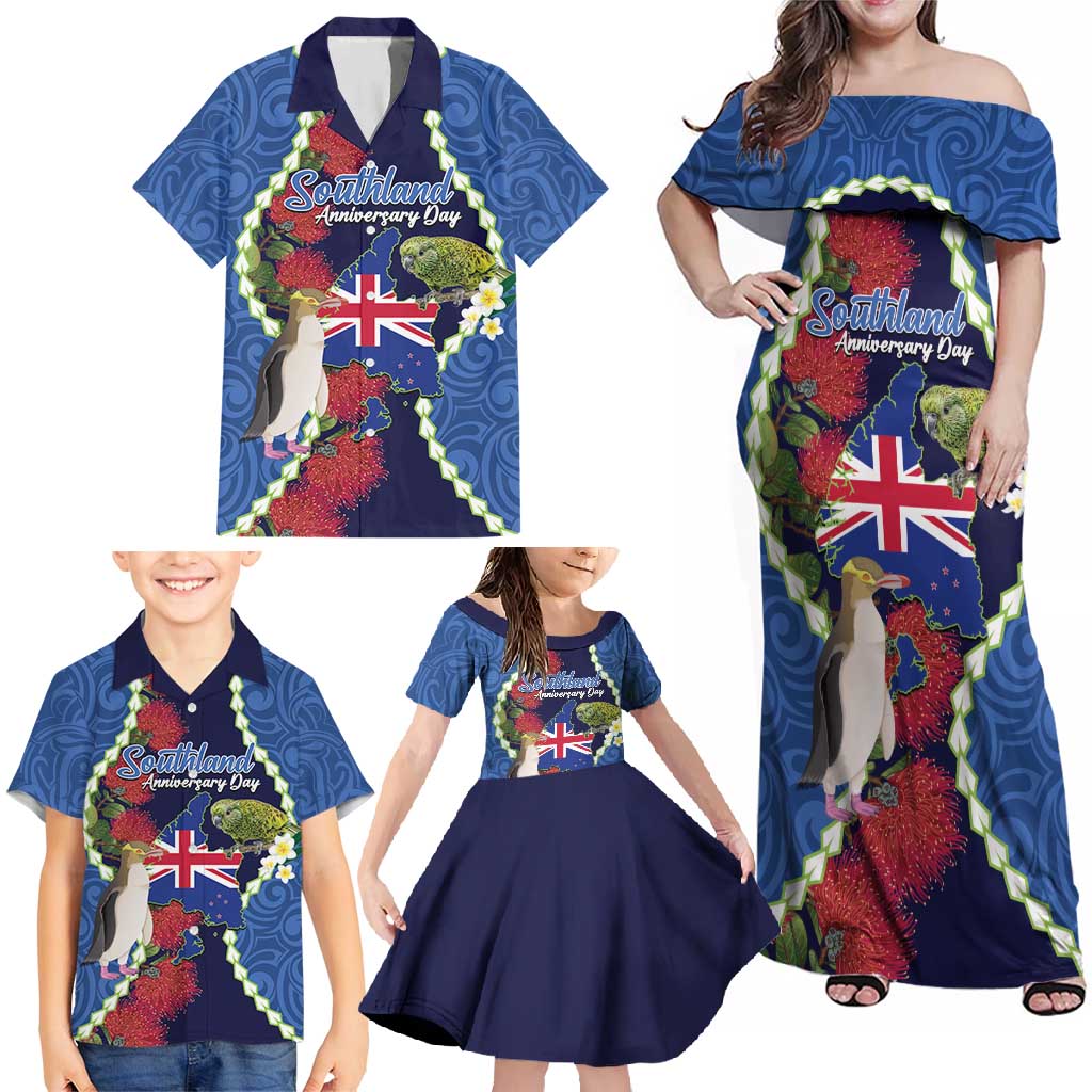 Southland Anniversary Day Family Matching Off Shoulder Maxi Dress and Hawaiian Shirt Murihiku 1861 Maori Bird Mix Pohutukawa LT14 - Polynesian Pride