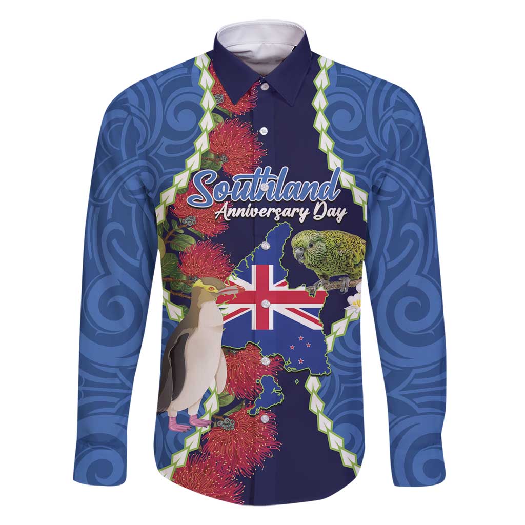 Southland Anniversary Day Family Matching Off Shoulder Maxi Dress and Hawaiian Shirt Murihiku 1861 Maori Bird Mix Pohutukawa LT14 Dad's Shirt - Long Sleeve Blue - Polynesian Pride