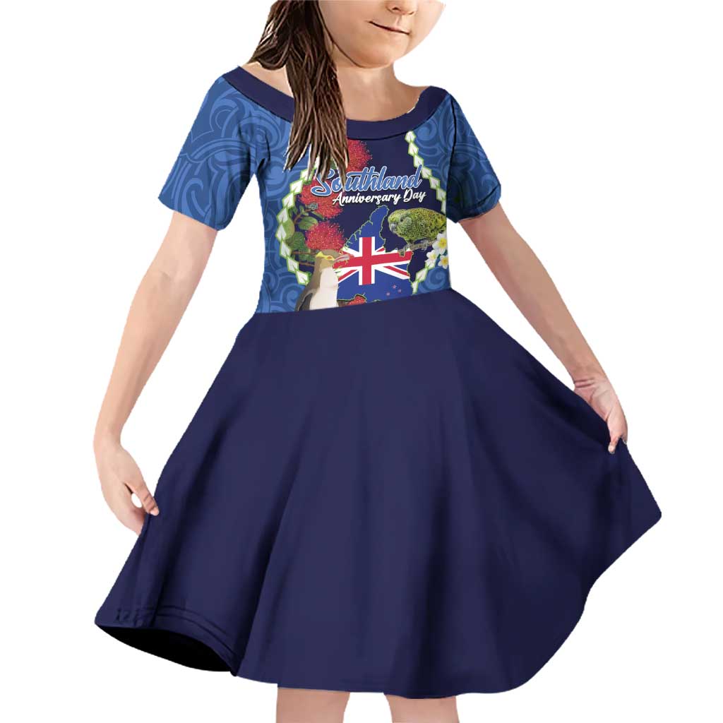 Southland Anniversary Day Family Matching Off Shoulder Short Dress and Hawaiian Shirt Murihiku 1861 Maori Bird Mix Pohutukawa LT14 Daughter's Dress Blue - Polynesian Pride