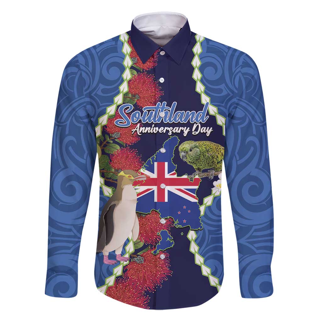 Southland Anniversary Day Family Matching Puletasi and Hawaiian Shirt Murihiku 1861 Maori Bird Mix Pohutukawa LT14 Dad's Shirt - Long Sleeve Blue - Polynesian Pride