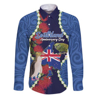 Southland Anniversary Day Family Matching Tank Maxi Dress and Hawaiian Shirt Murihiku 1861 Maori Bird Mix Pohutukawa LT14 Dad's Shirt - Long Sleeve Blue - Polynesian Pride