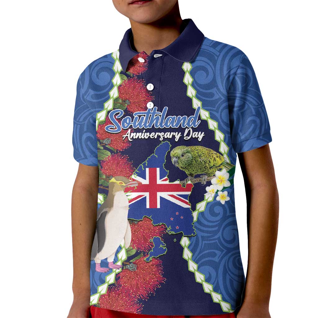 Southland Anniversary Day Kid Polo Shirt Murihiku 1861 Maori Bird Mix Pohutukawa