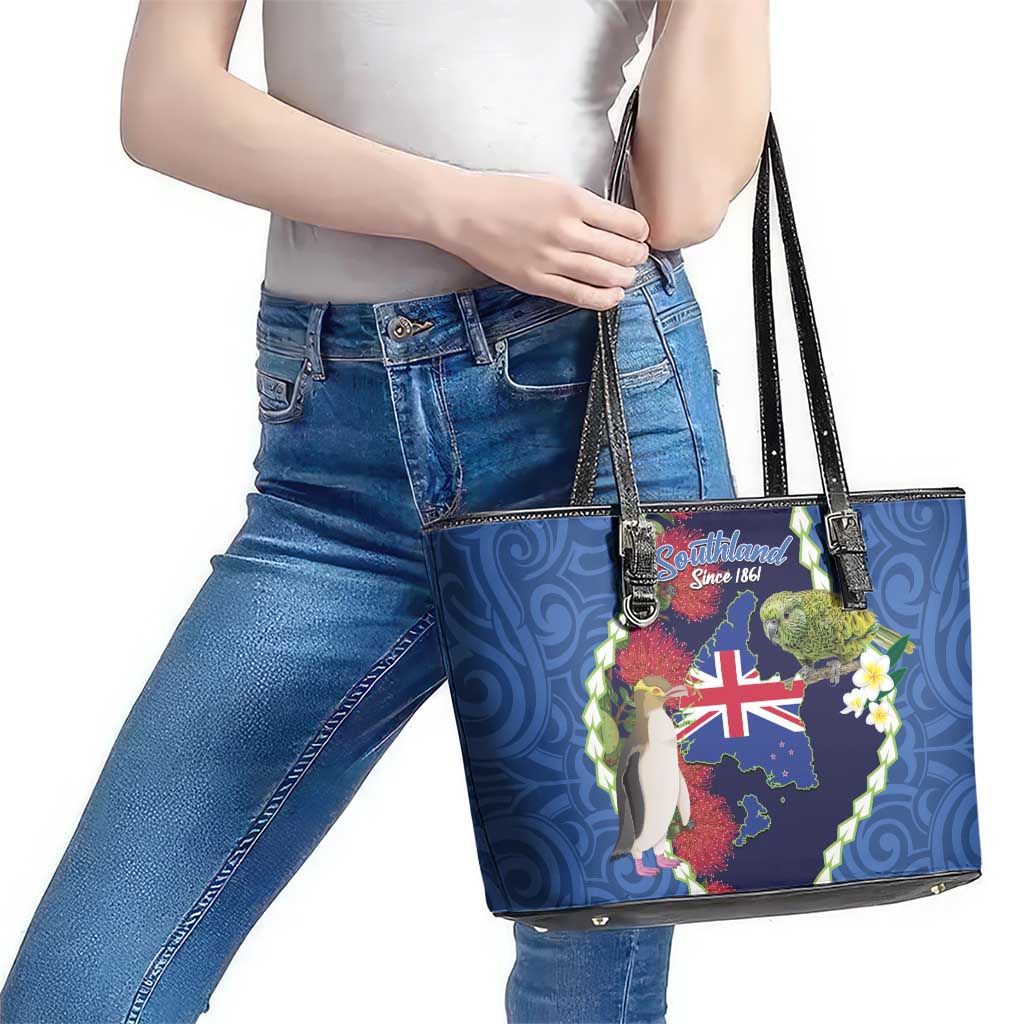 Southland Anniversary Day Leather Tote Bag Murihiku 1861 Maori Bird Mix Pohutukawa