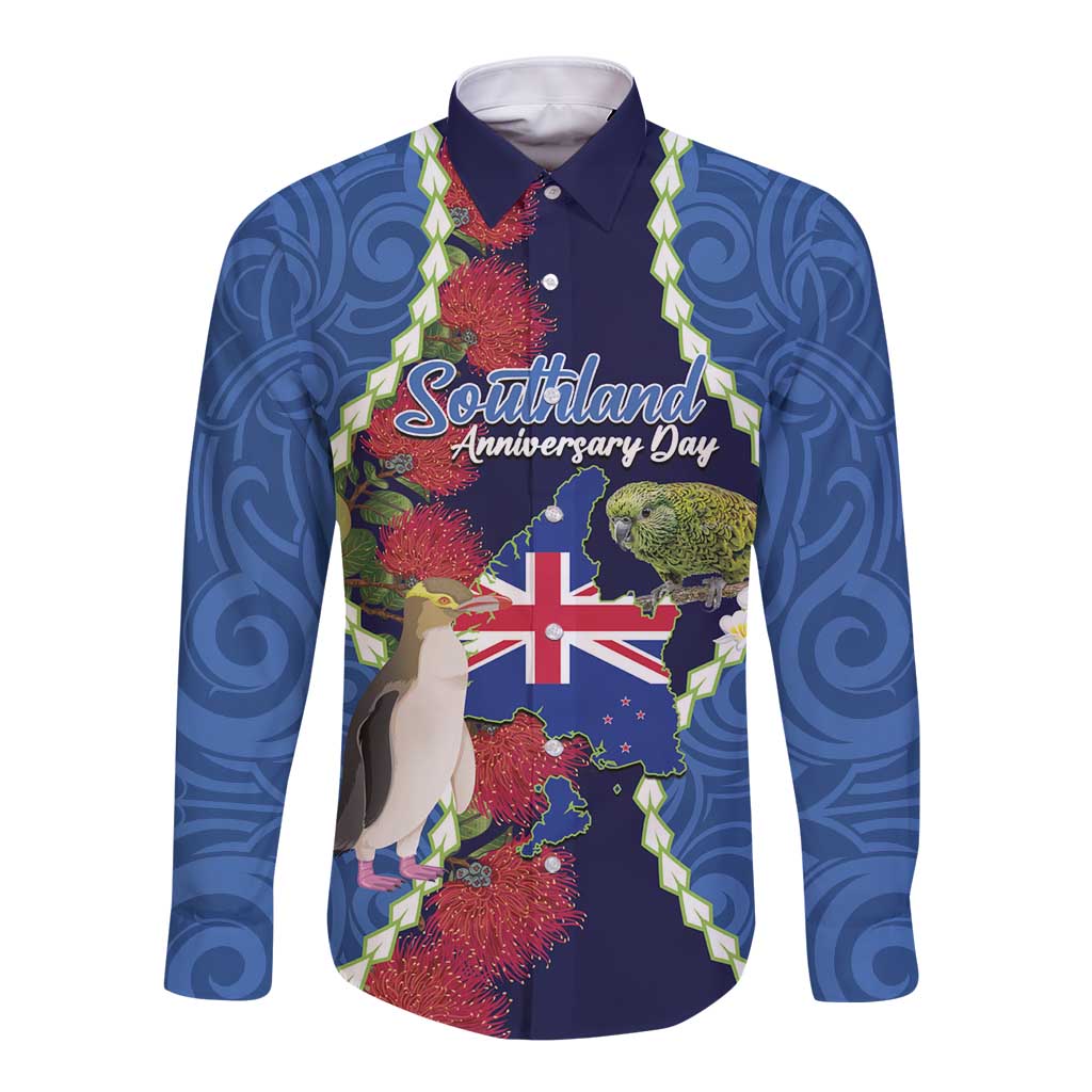 Southland Anniversary Day Long Sleeve Button Shirt Murihiku 1861 Maori Bird Mix Pohutukawa