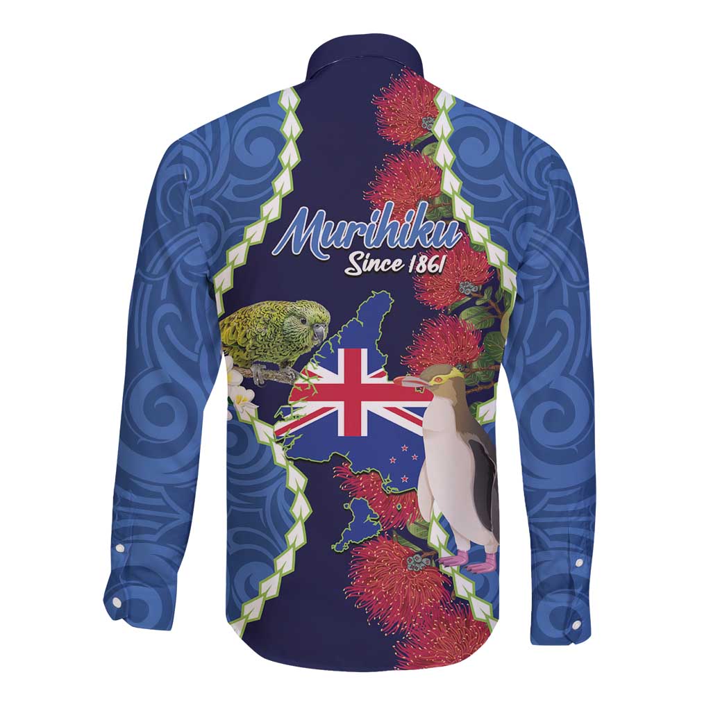 Southland Anniversary Day Long Sleeve Button Shirt Murihiku 1861 Maori Bird Mix Pohutukawa