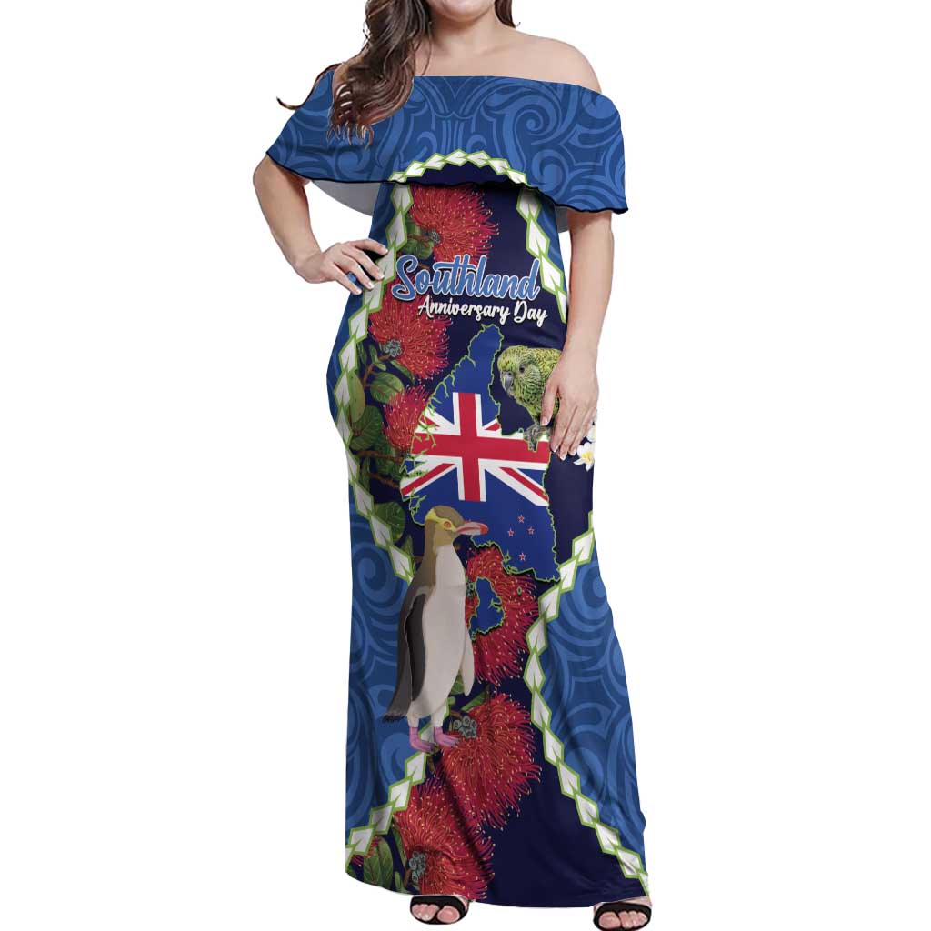 Southland Anniversary Day Off Shoulder Maxi Dress Murihiku 1861 Maori Bird Mix Pohutukawa