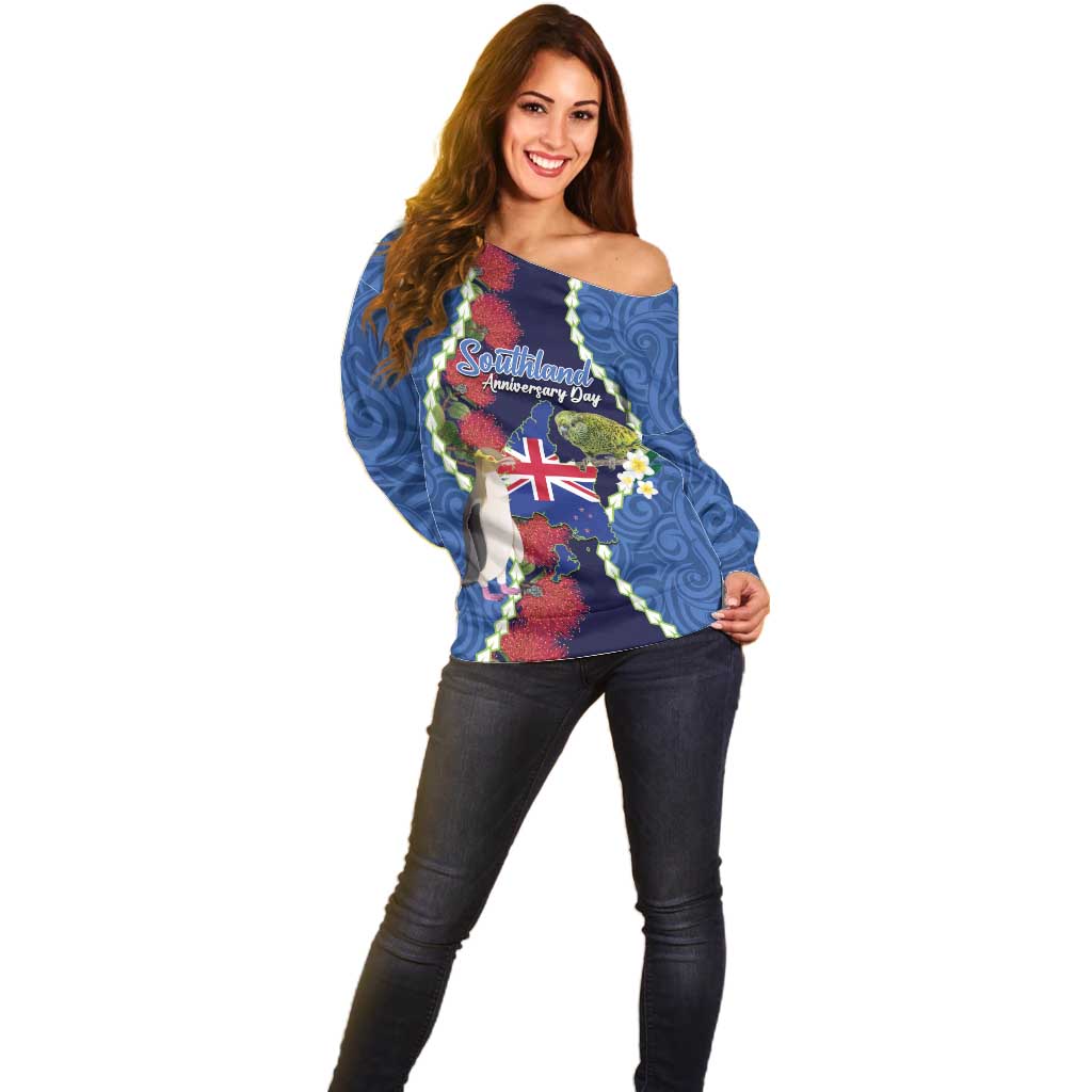Southland Anniversary Day Off Shoulder Sweater Murihiku 1861 Maori Bird Mix Pohutukawa