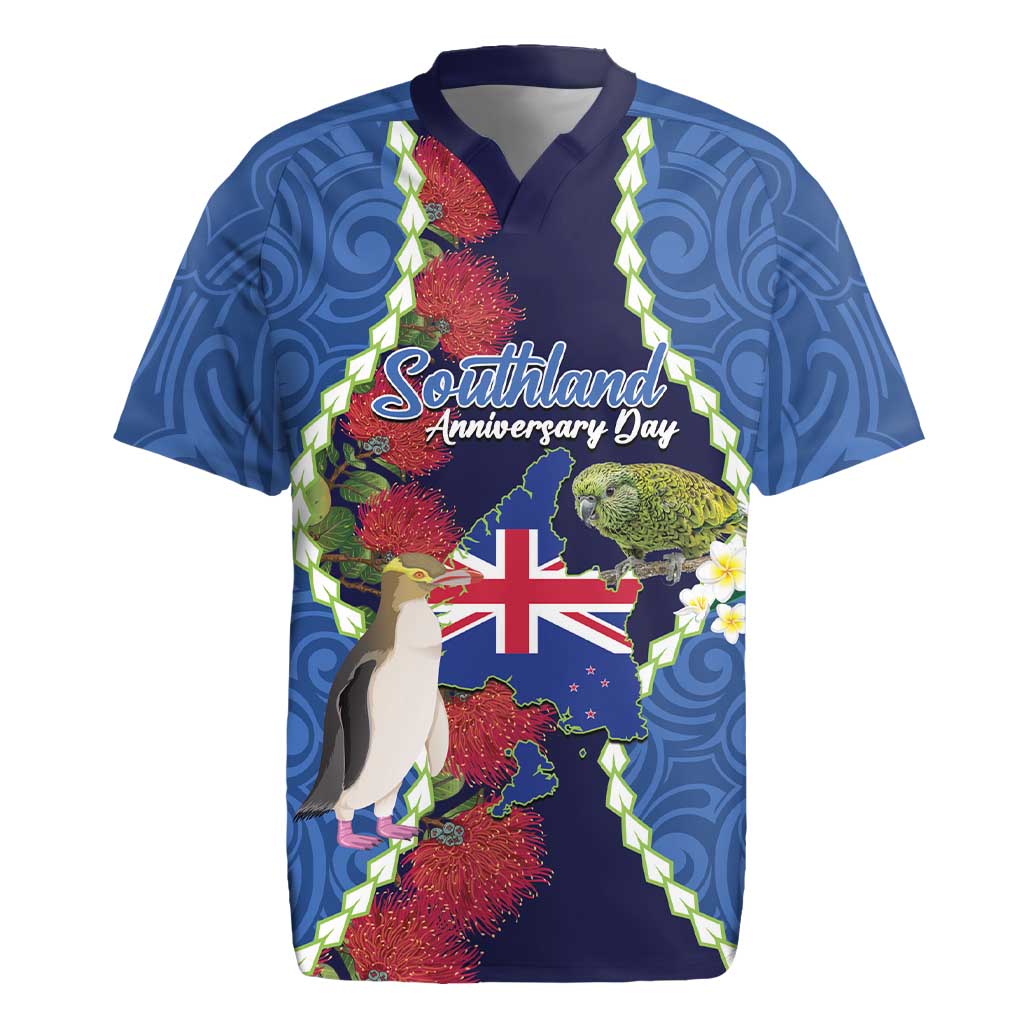 Southland Anniversary Day Rugby Jersey Murihiku 1861 Maori Bird Mix Pohutukawa LT14 Blue - Polynesian Pride
