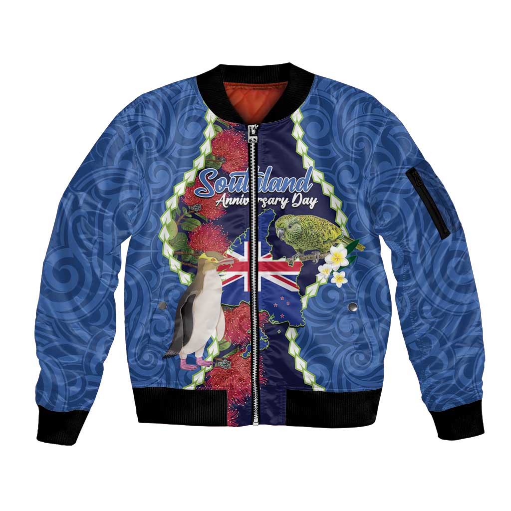 Southland Anniversary Day Sleeve Zip Bomber Jacket Murihiku 1861 Maori Bird Mix Pohutukawa LT14 Unisex Blue - Polynesian Pride