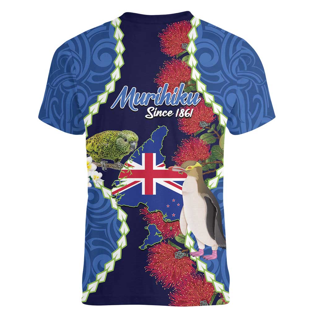 Southland Anniversary Day Women V-Neck T-Shirt Murihiku 1861 Maori Bird Mix Pohutukawa