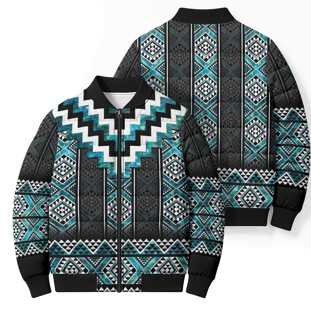 Paua Shell Taniko Pattern Aotearoa Bomber Puffer Jacket Niho Taniwha Mix Poutama - Polynesian Pride