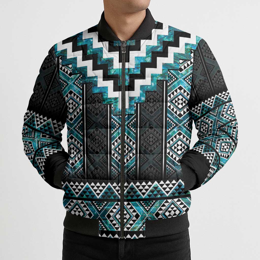 Paua Shell Taniko Pattern Aotearoa Bomber Puffer Jacket Niho Taniwha Mix Poutama - Polynesian Pride