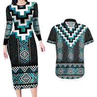 Paua Shell Taniko Pattern Aotearoa Couples Matching Long Sleeve Bodycon Dress and Hawaiian Shirt Niho Taniwha Mix Poutama