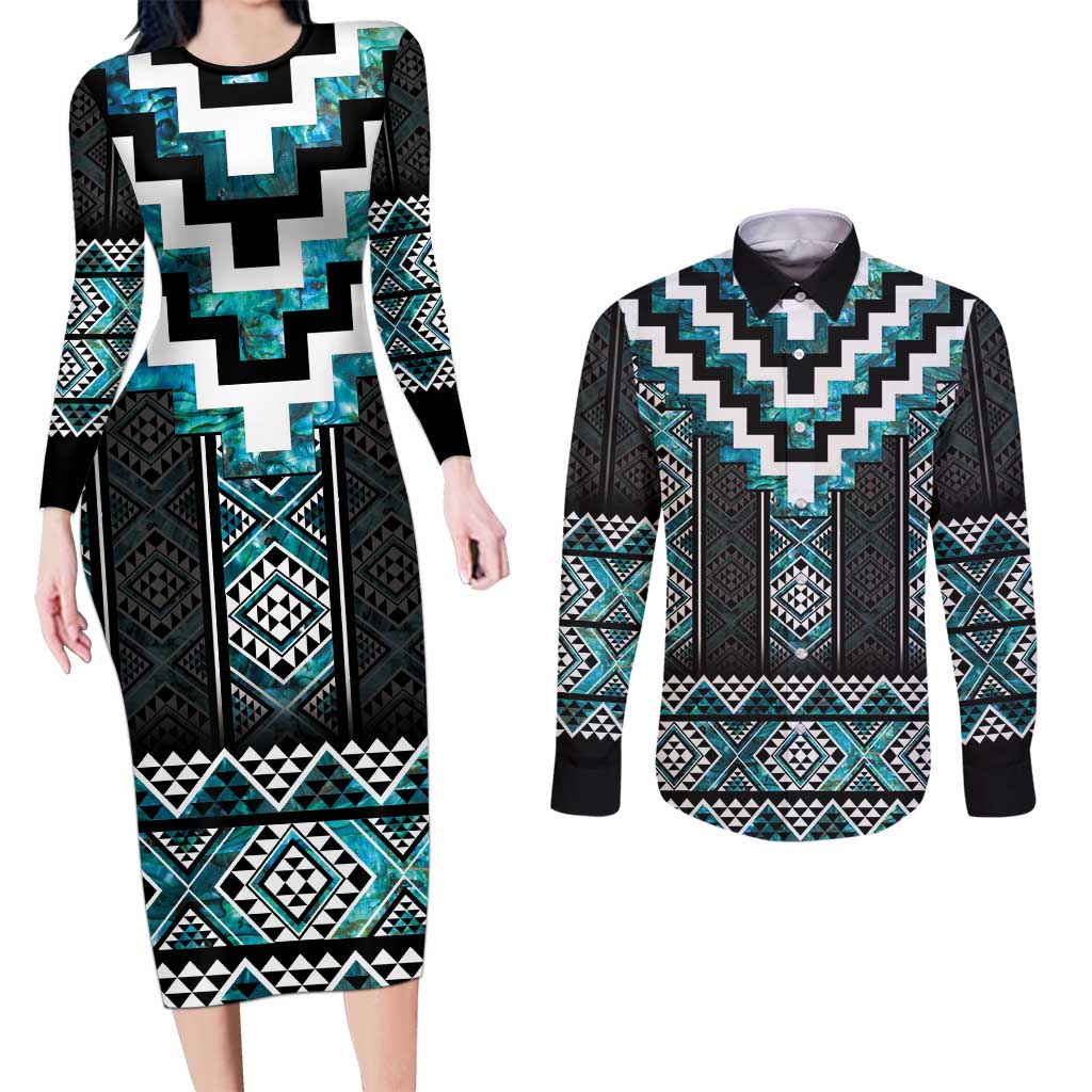 Paua Shell Taniko Pattern Aotearoa Couples Matching Long Sleeve Bodycon Dress and Long Sleeve Button Shirt Niho Taniwha Mix Poutama