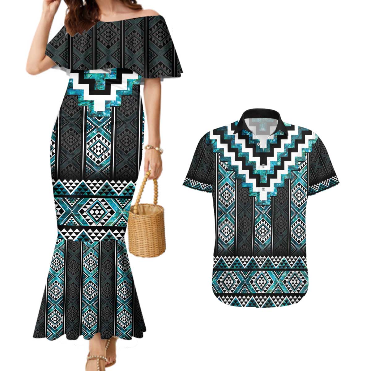 Paua Shell Taniko Pattern Aotearoa Couples Matching Mermaid Dress and Hawaiian Shirt Niho Taniwha Mix Poutama LT14 Turquoise - Polynesian Pride