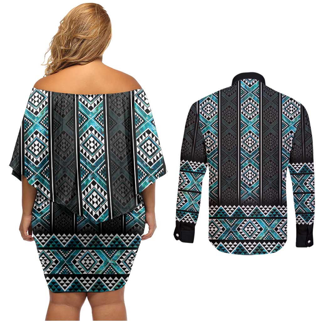 Paua Shell Taniko Pattern Aotearoa Couples Matching Off Shoulder Short Dress and Long Sleeve Button Shirt Niho Taniwha Mix Poutama