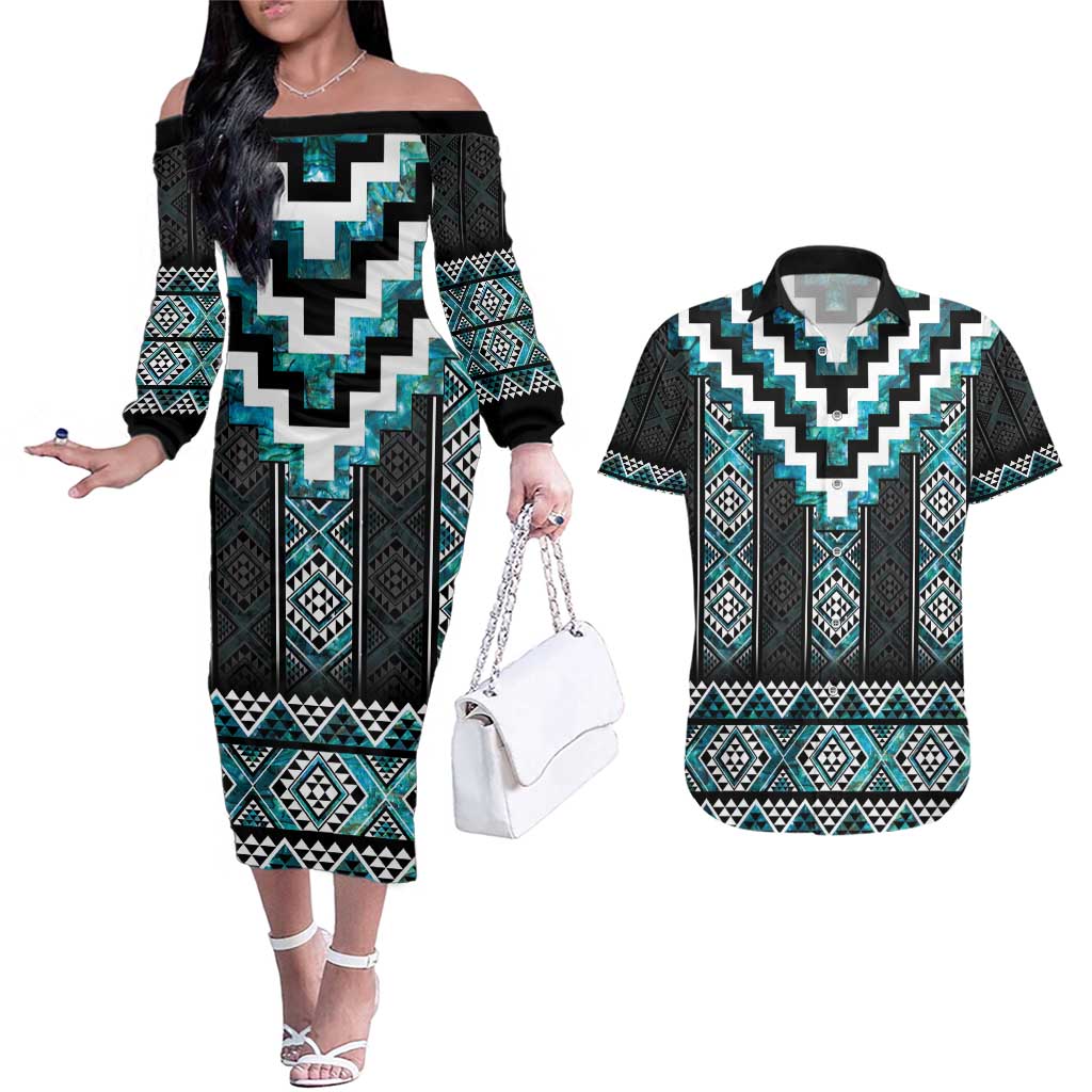 Paua Shell Taniko Pattern Aotearoa Couples Matching Off The Shoulder Long Sleeve Dress and Hawaiian Shirt Niho Taniwha Mix Poutama LT14 Turquoise - Polynesian Pride