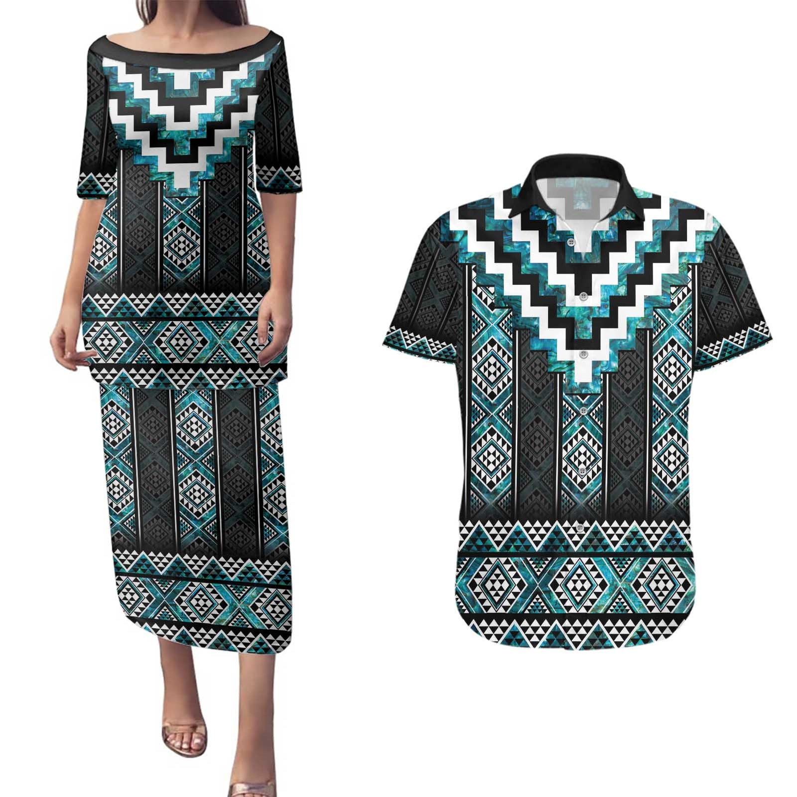 Paua Shell Taniko Pattern Aotearoa Couples Matching Puletasi and Hawaiian Shirt Niho Taniwha Mix Poutama LT14 Turquoise - Polynesian Pride