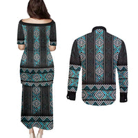Paua Shell Taniko Pattern Aotearoa Couples Matching Puletasi and Long Sleeve Button Shirt Niho Taniwha Mix Poutama