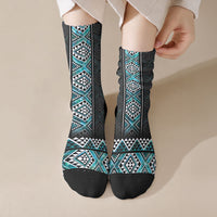 Paua Shell Taniko Pattern Aotearoa Crew Socks Niho Taniwha Mix Poutama LT14 Crew Socks Turquoise - Polynesian Pride