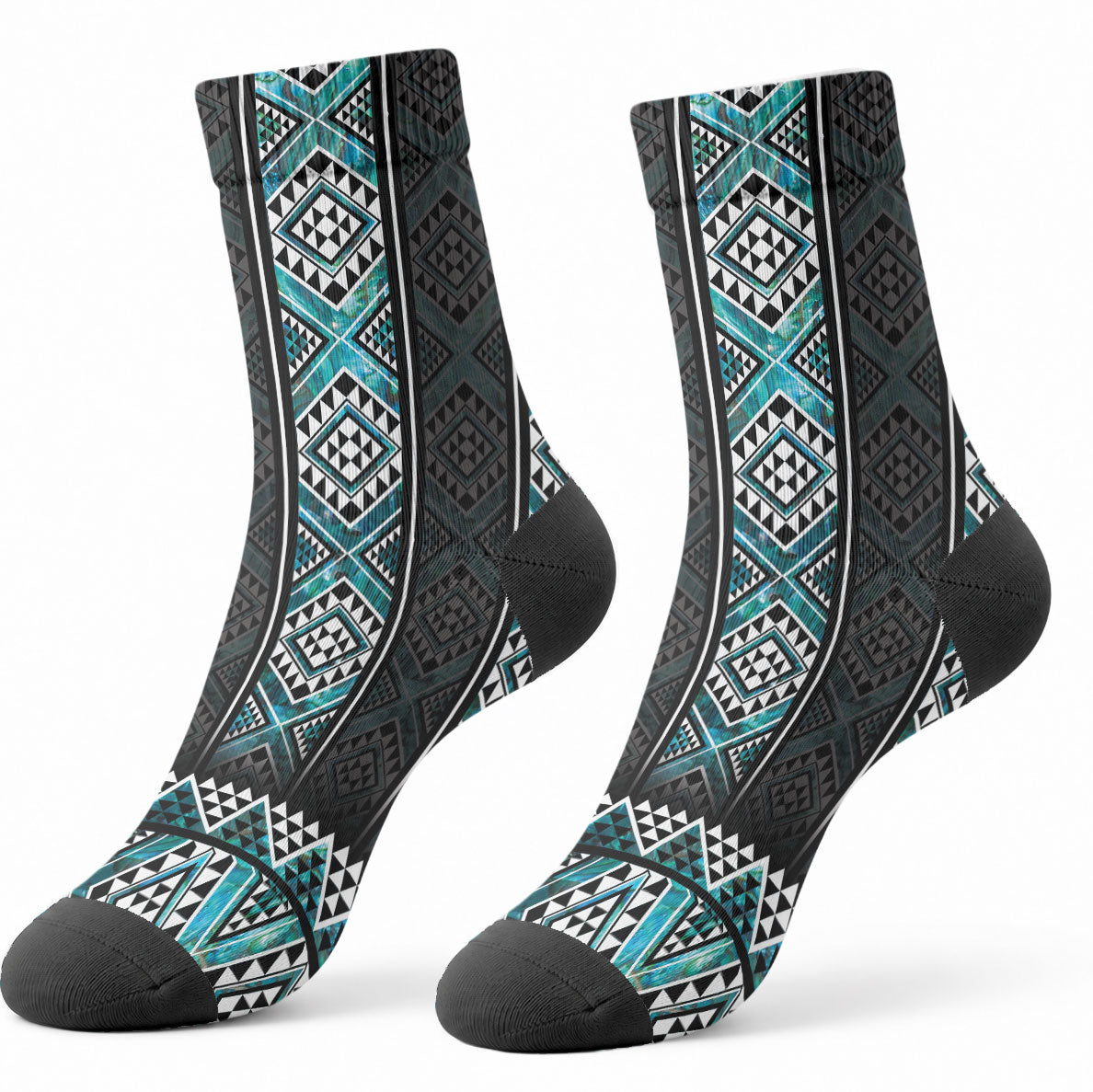 Paua Shell Taniko Pattern Aotearoa Crew Socks Niho Taniwha Mix Poutama LT14 - Polynesian Pride