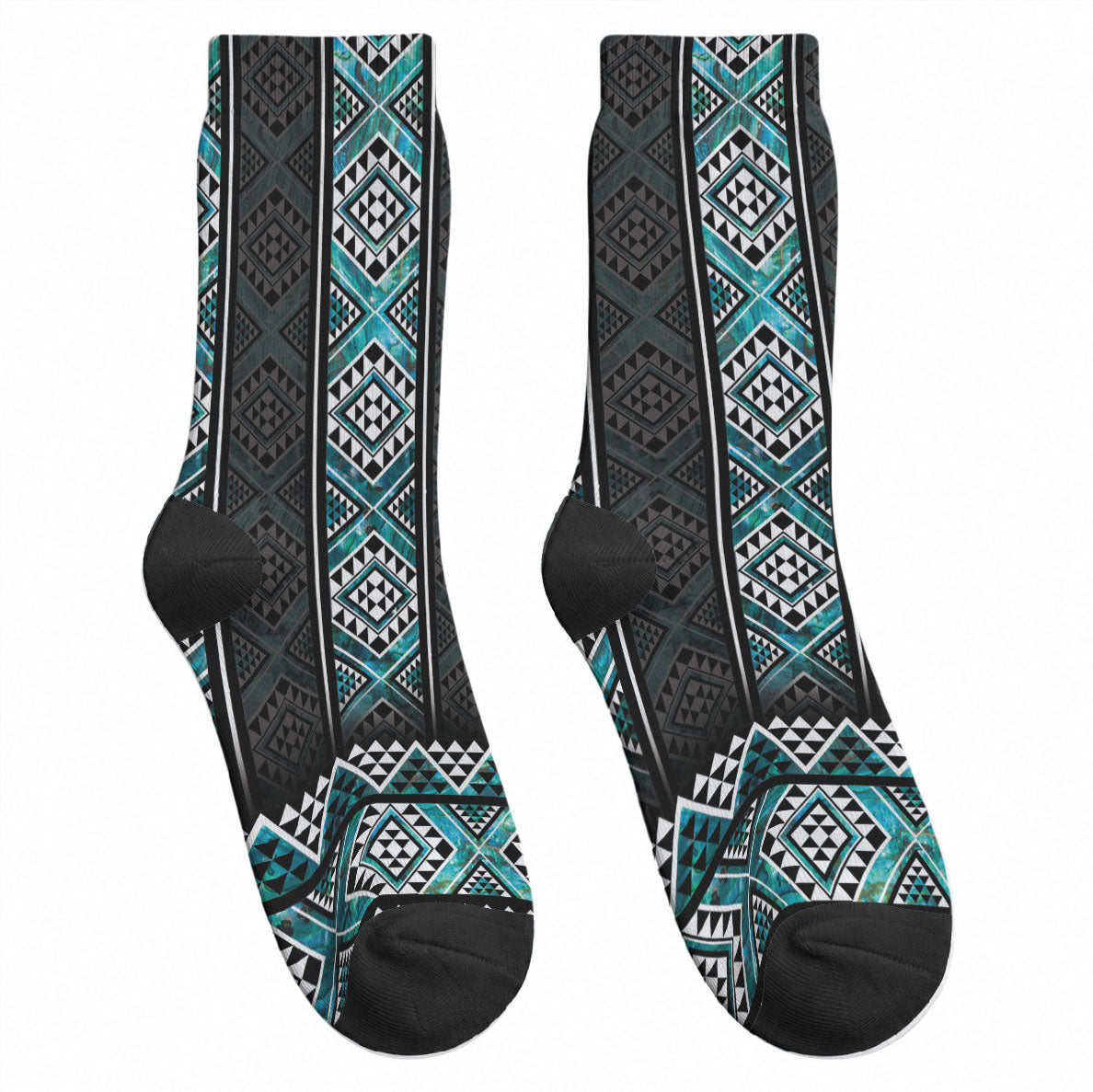 Paua Shell Taniko Pattern Aotearoa Crew Socks Niho Taniwha Mix Poutama LT14 - Polynesian Pride