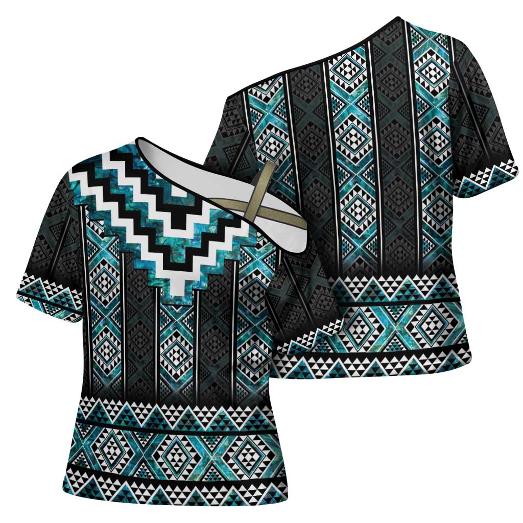 Paua Shell Taniko Pattern Aotearoa Cross Shoulder Shirt Niho Taniwha Mix Poutama - Polynesian Pride
