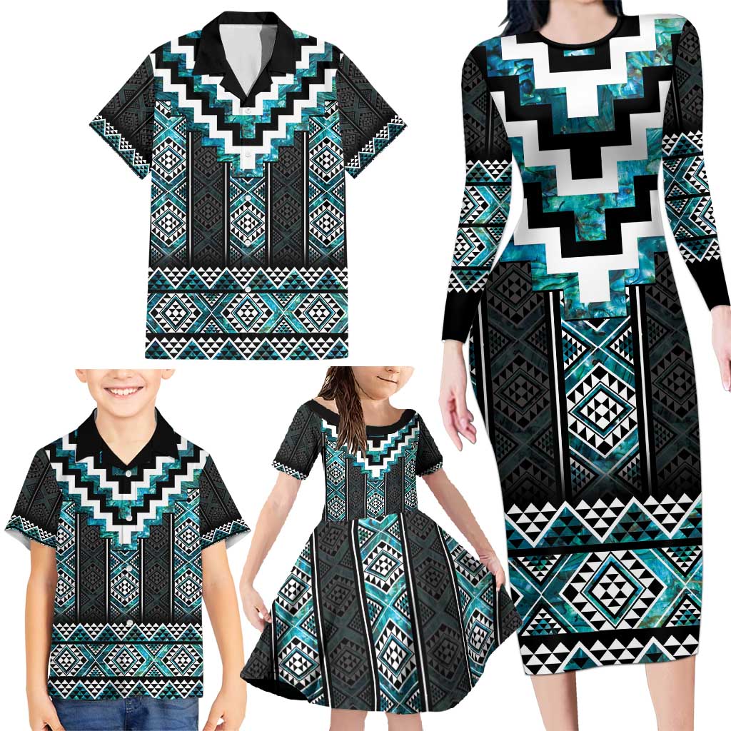 Paua Shell Taniko Pattern Aotearoa Family Matching Long Sleeve Bodycon Dress and Hawaiian Shirt Niho Taniwha Mix Poutama LT14 - Polynesian Pride