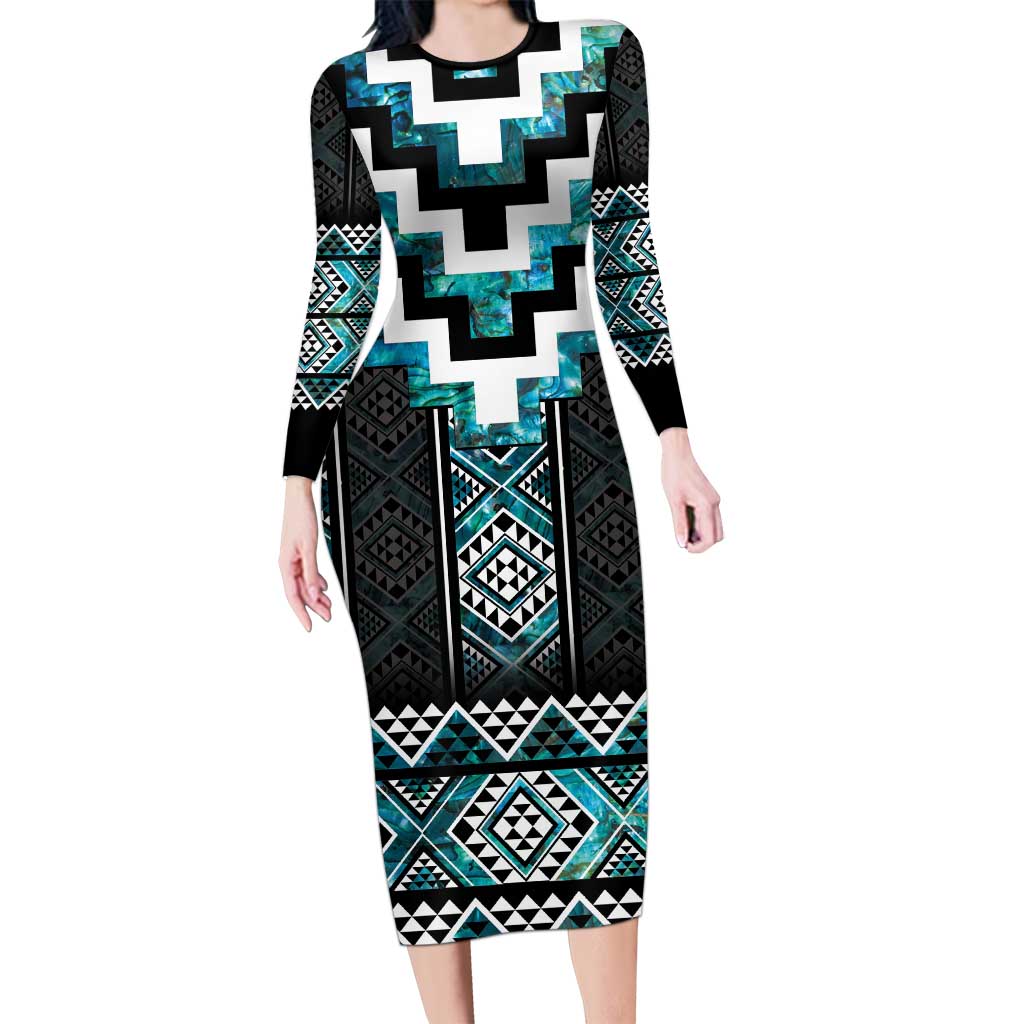 Paua Shell Taniko Pattern Aotearoa Family Matching Long Sleeve Bodycon Dress and Hawaiian Shirt Niho Taniwha Mix Poutama