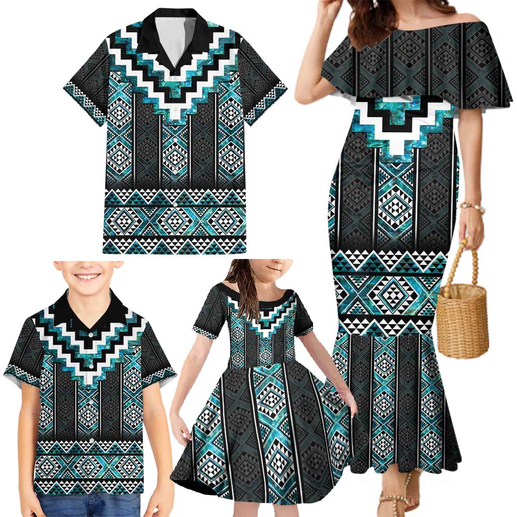 Paua Shell Taniko Pattern Aotearoa Family Matching Mermaid Dress and Hawaiian Shirt Niho Taniwha Mix Poutama LT14 - Polynesian Pride