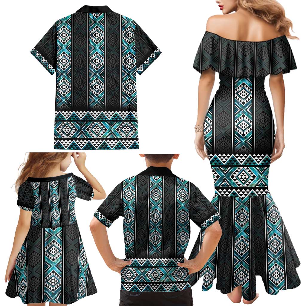 Paua Shell Taniko Pattern Aotearoa Family Matching Mermaid Dress and Hawaiian Shirt Niho Taniwha Mix Poutama