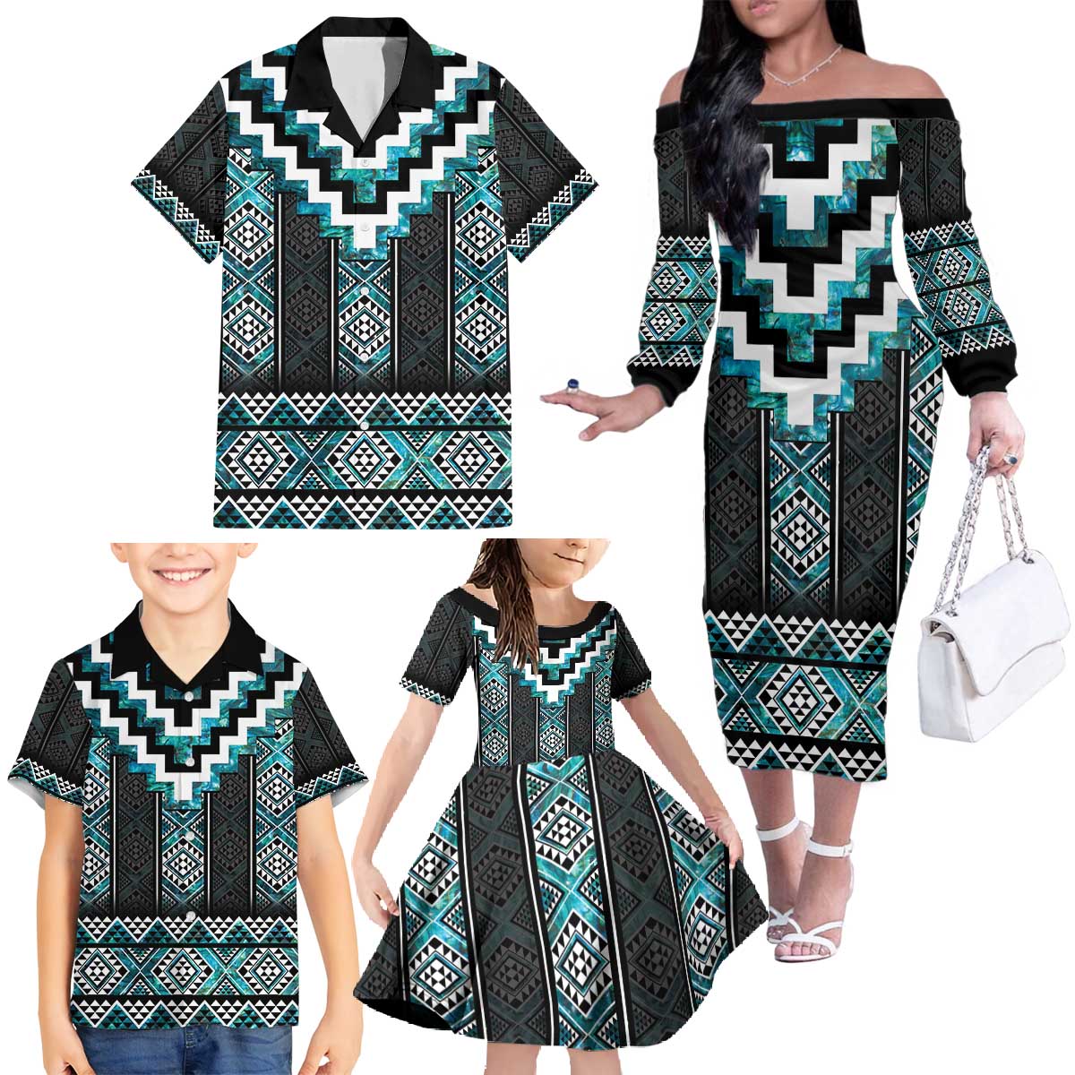 Paua Shell Taniko Pattern Aotearoa Family Matching Off The Shoulder Long Sleeve Dress and Hawaiian Shirt Niho Taniwha Mix Poutama LT14 - Polynesian Pride