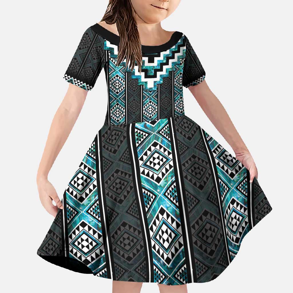 Paua Shell Taniko Pattern Aotearoa Family Matching Off Shoulder Maxi Dress and Hawaiian Shirt Niho Taniwha Mix Poutama