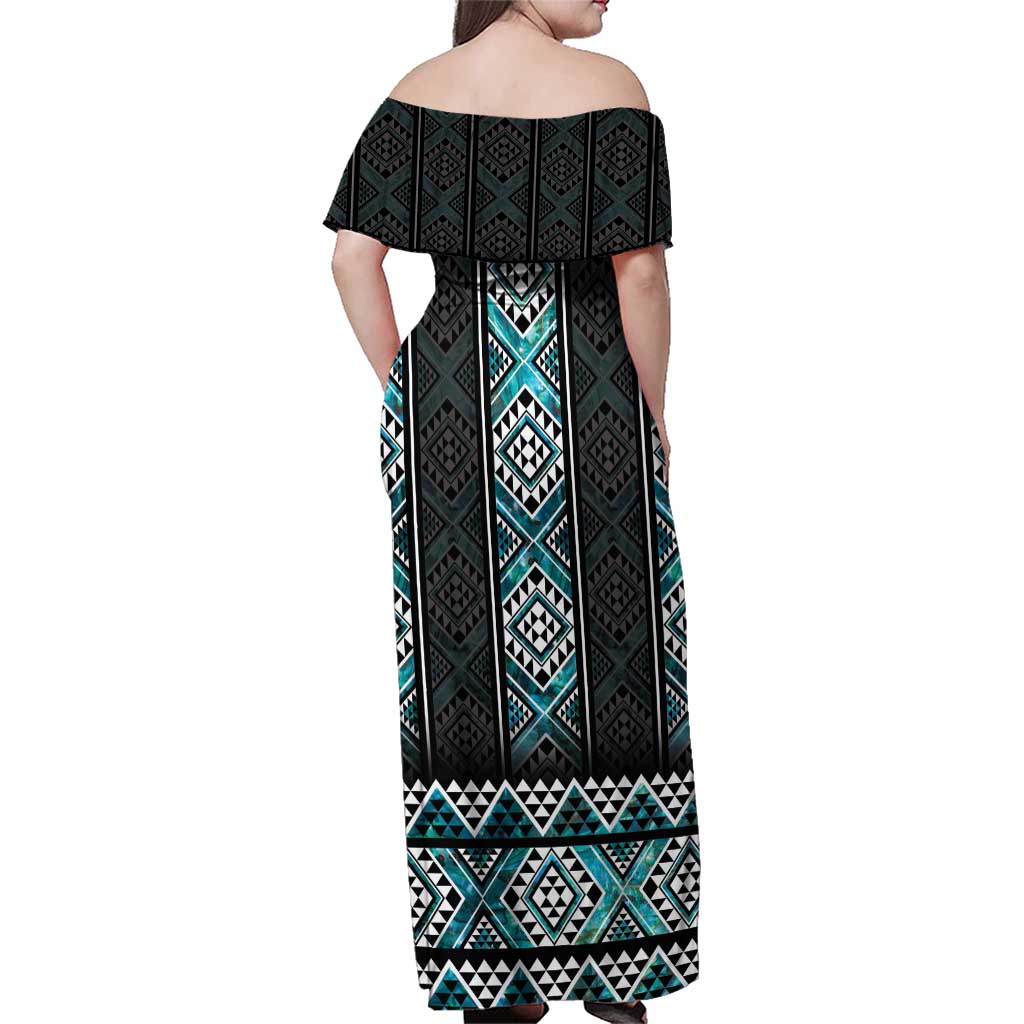 Paua Shell Taniko Pattern Aotearoa Family Matching Off Shoulder Maxi Dress and Hawaiian Shirt Niho Taniwha Mix Poutama