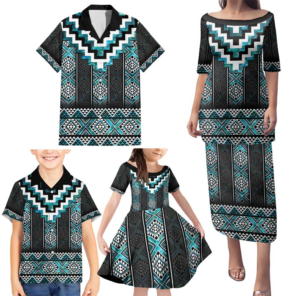 Paua Shell Taniko Pattern Aotearoa Family Matching Puletasi and Hawaiian Shirt Niho Taniwha Mix Poutama LT14 - Polynesian Pride