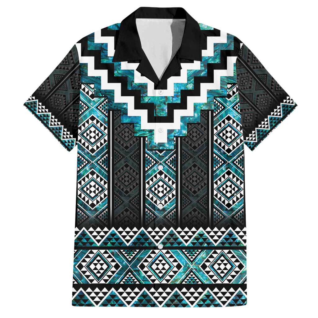 Paua Shell Taniko Pattern Aotearoa Family Matching Puletasi and Hawaiian Shirt Niho Taniwha Mix Poutama LT14 Dad's Shirt - Short Sleeve Turquoise - Polynesian Pride