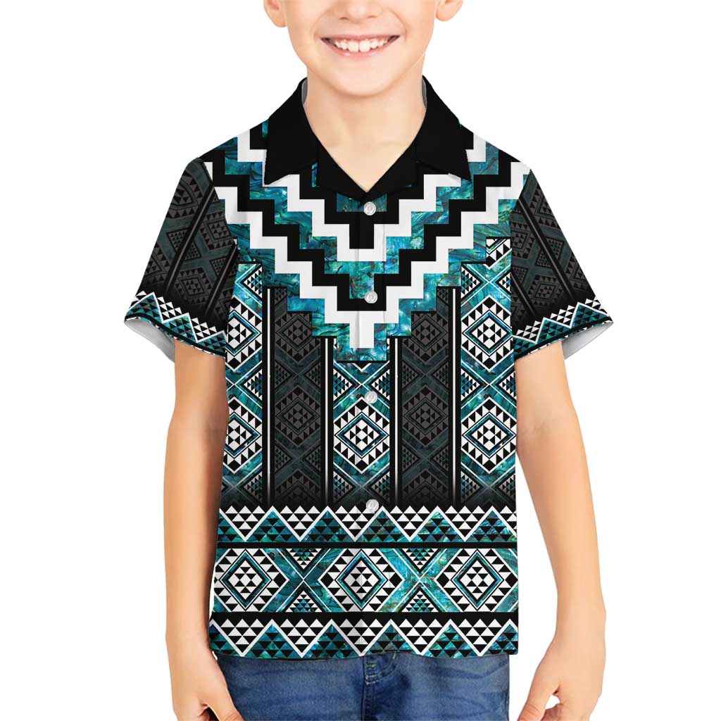 Paua Shell Taniko Pattern Aotearoa Family Matching Puletasi and Hawaiian Shirt Niho Taniwha Mix Poutama LT14 Son's Shirt Turquoise - Polynesian Pride