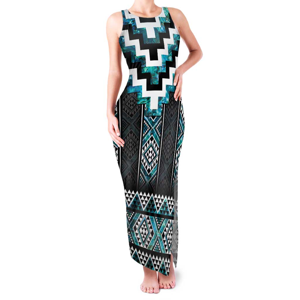 Paua Shell Taniko Pattern Aotearoa Family Matching Tank Maxi Dress and Hawaiian Shirt Niho Taniwha Mix Poutama