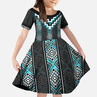 Paua Shell Taniko Pattern Aotearoa Kid Short Sleeve Dress Niho Taniwha Mix Poutama