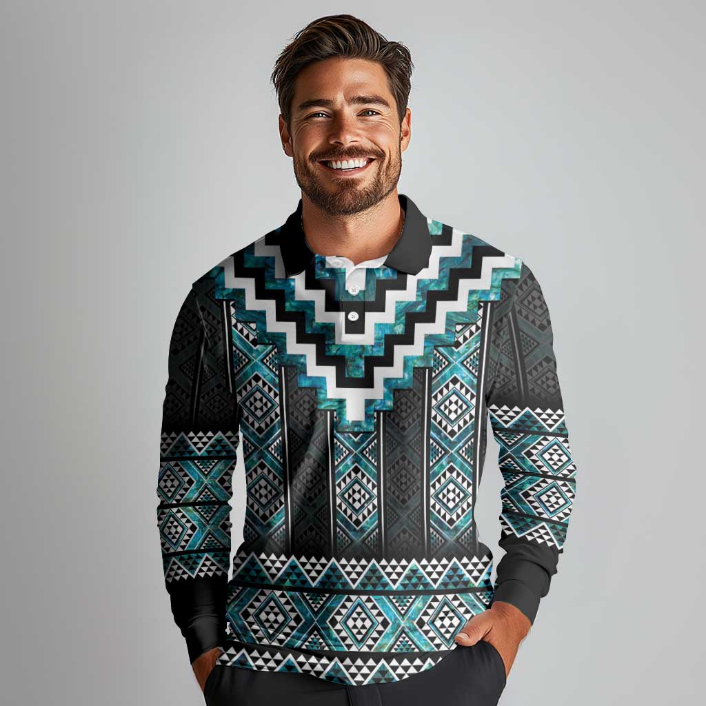 Paua Shell Taniko Pattern Aotearoa Long Sleeve Polo Shirt Niho Taniwha Mix Poutama