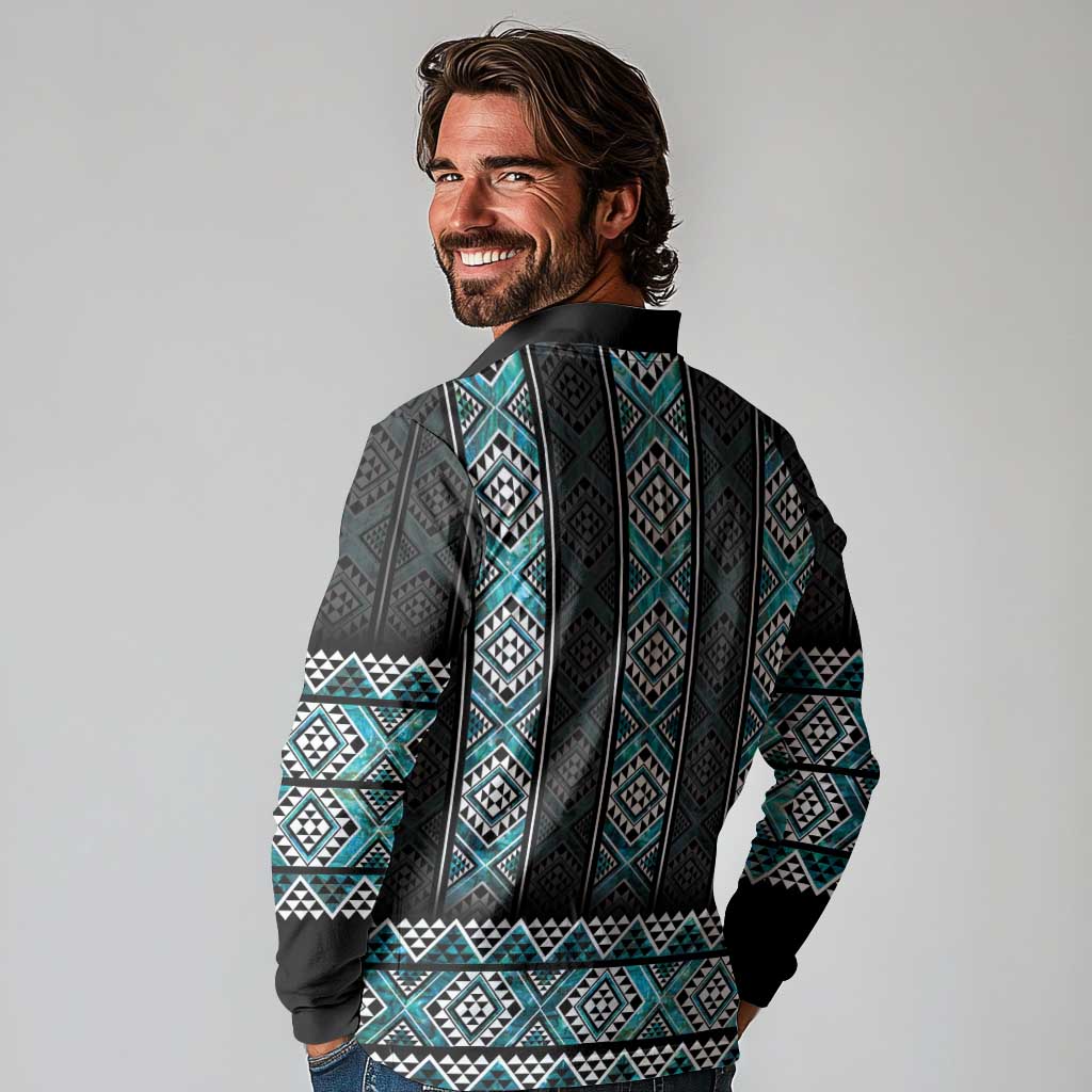 Paua Shell Taniko Pattern Aotearoa Long Sleeve Polo Shirt Niho Taniwha Mix Poutama