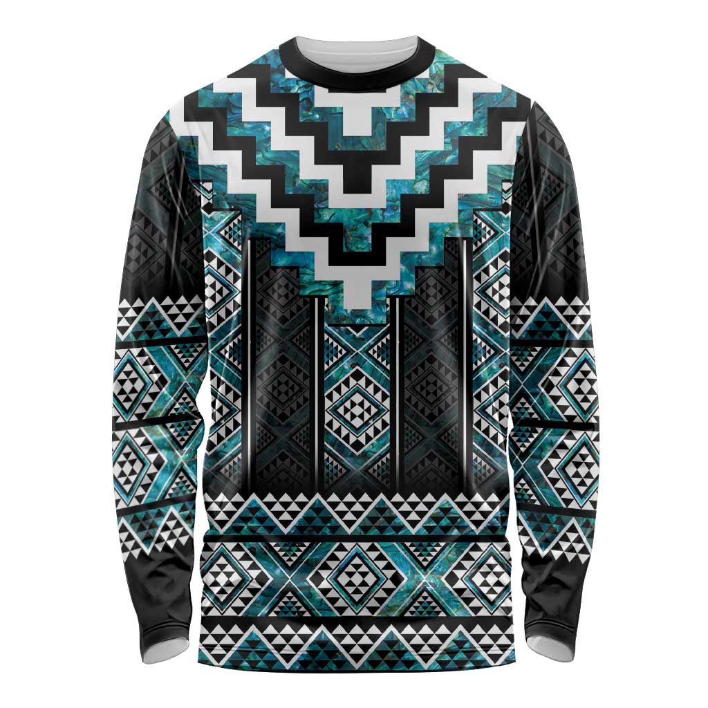 Paua Shell Taniko Pattern Aotearoa Long Sleeve Shirt Niho Taniwha Mix Poutama LT14 Unisex Turquoise - Polynesian Pride